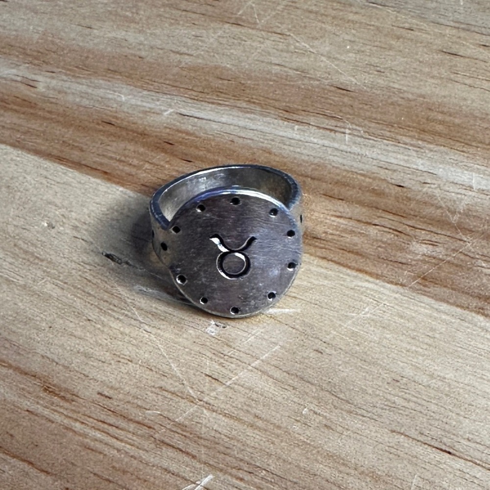 Taurus Zodiac Sign Silver Tone Hand Stamped Round Face Statement Ring